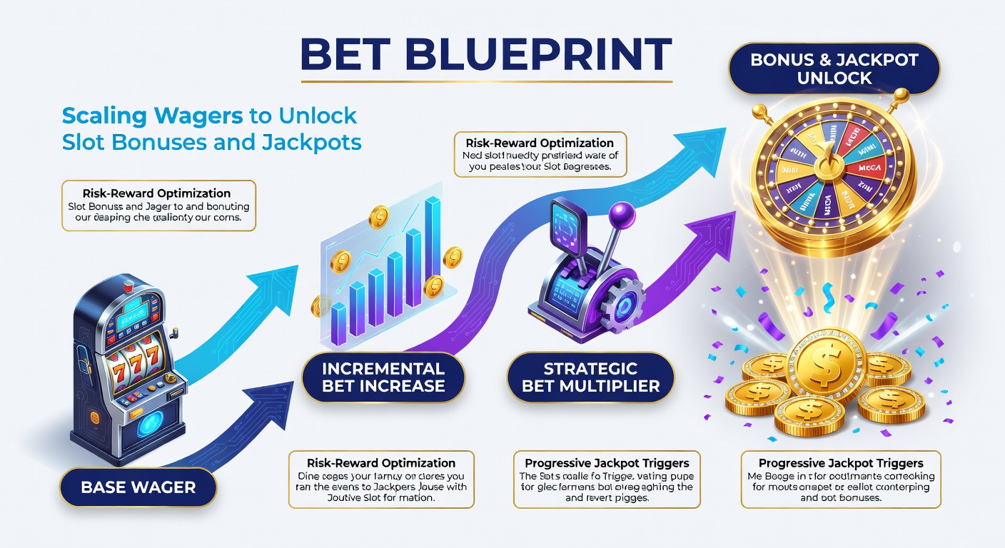 Close-up of a slot screen displaying escalating bet options, bonus meters filling, and a jackpot explosion graphic with coins cascading