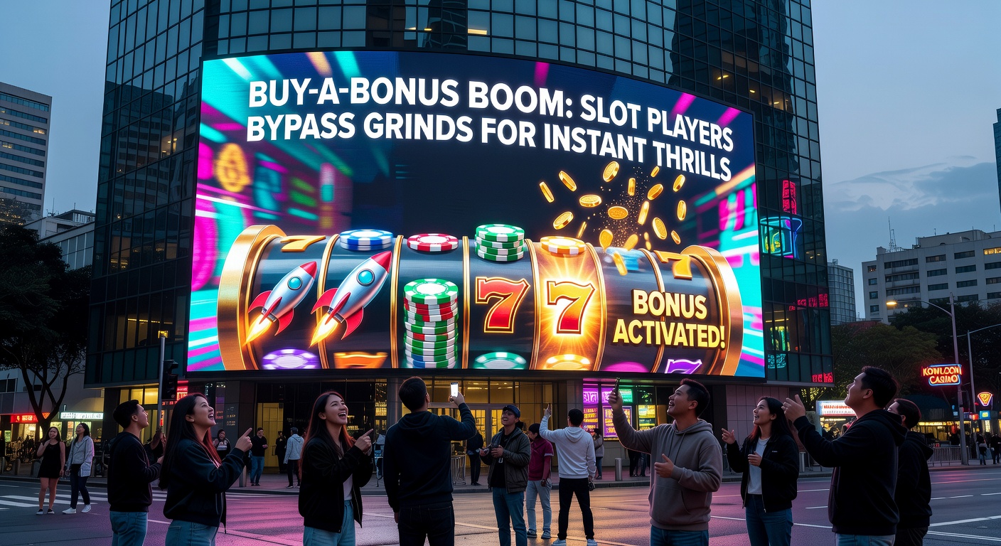 Close-up of a mobile slot interface with a flashing 'Buy Bonus' button next to a payout meter showing massive multipliers, illustrating the seamless buy-in process on touchscreens