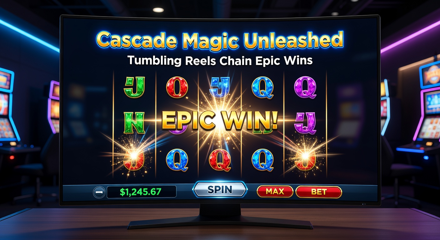 Vibrant slot screen showing cascading symbols tumbling down in a chain reaction win, with multipliers building across colorful reels