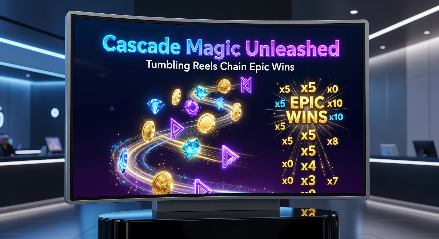 Close-up of a high-volatility slot cascade with exploding symbols, glowing multipliers, and a jackpot meter filling during a massive chain reaction