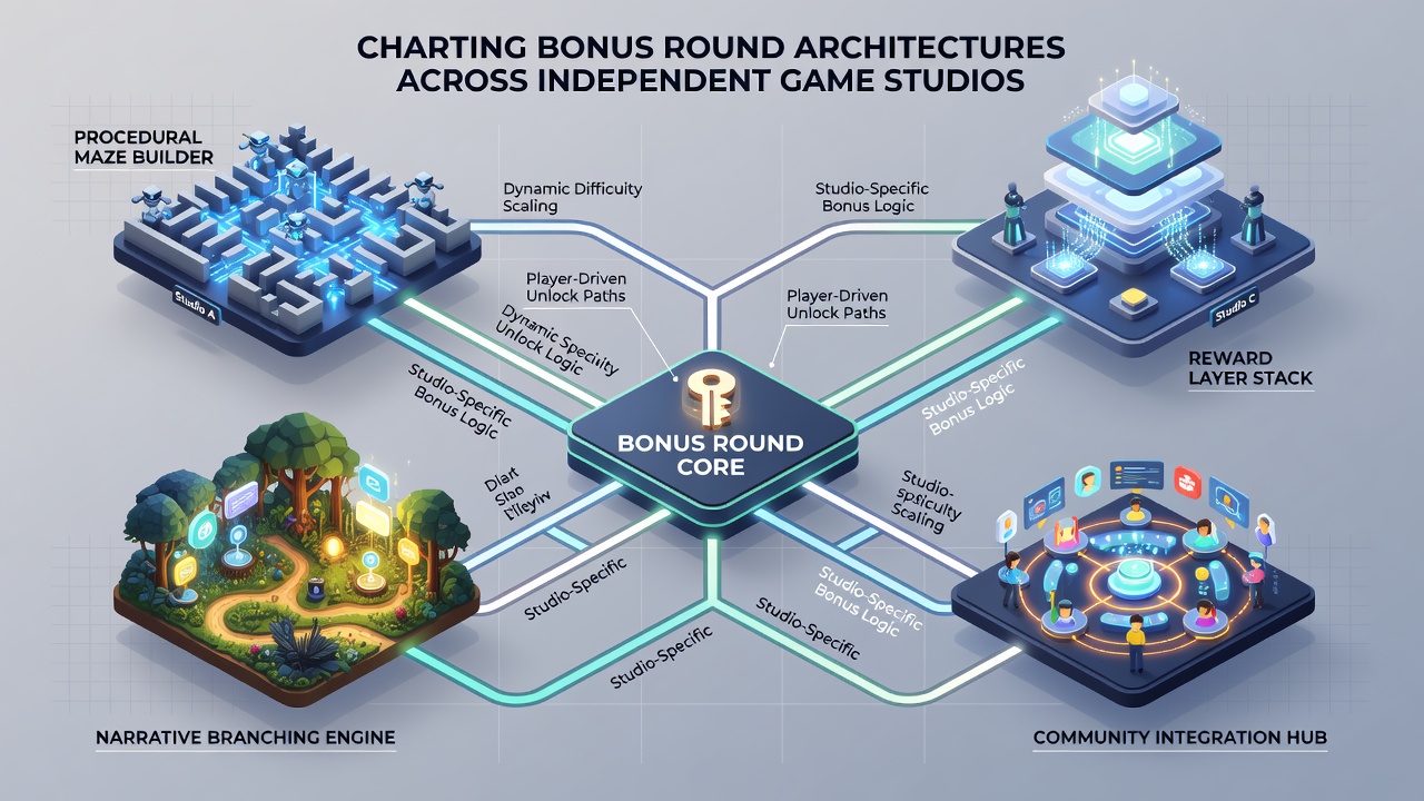 Technical diagrams and code structures used in bonus round development by smaller studios
