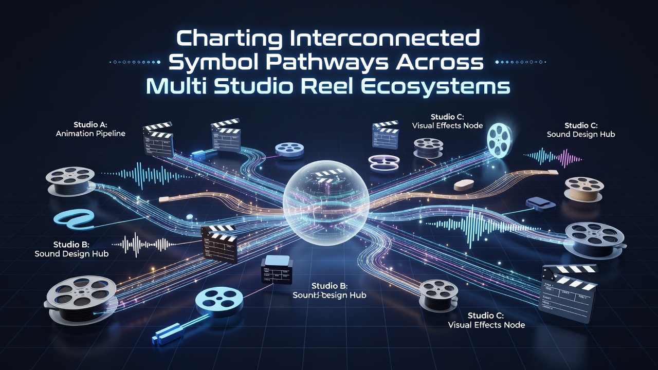 Visual diagram showing interconnected symbol pathways across multiple slot studio reel systems with arrows and node connections