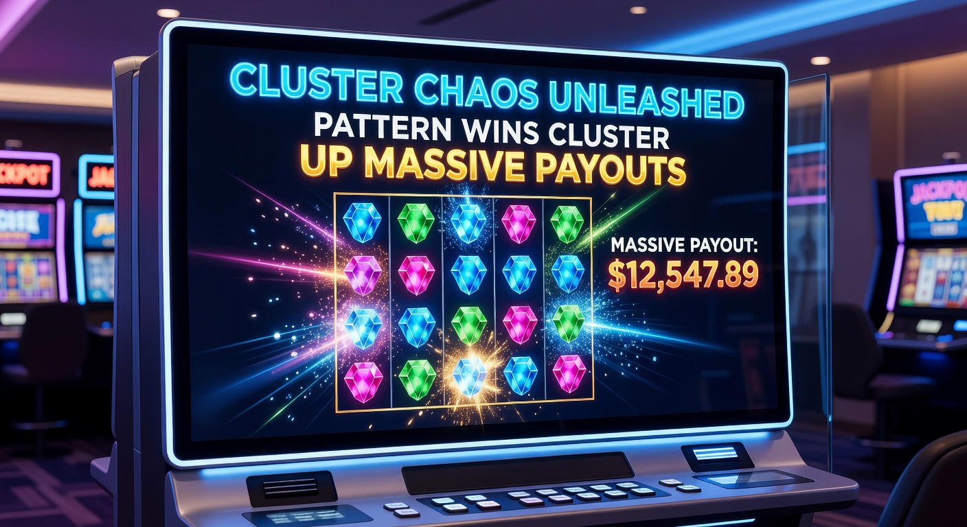 Dynamic close-up of a slot grid exploding with cluster wins, multipliers glowing amid cascading symbols