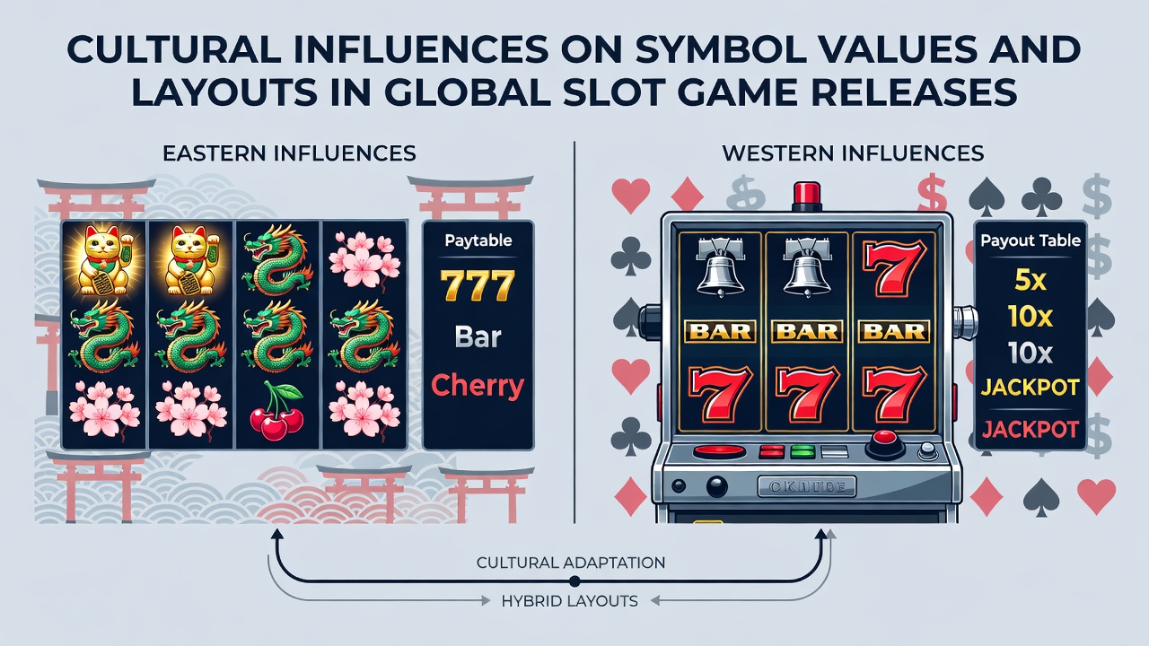 Diverse cultural symbols featured across global slot game interfaces including dragons, lotus flowers, and ancient artifacts