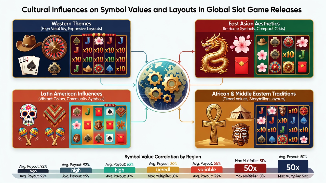 Slot game reels displaying culturally adapted symbols such as lanterns, sacred animals, and traditional patterns from various regions