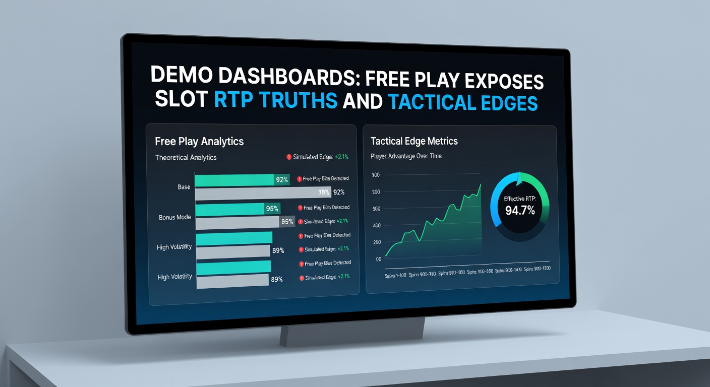 Screenshot of a vibrant slot demo dashboard displaying RTP percentage, volatility meter, and hit frequency graphs in real-time during free play