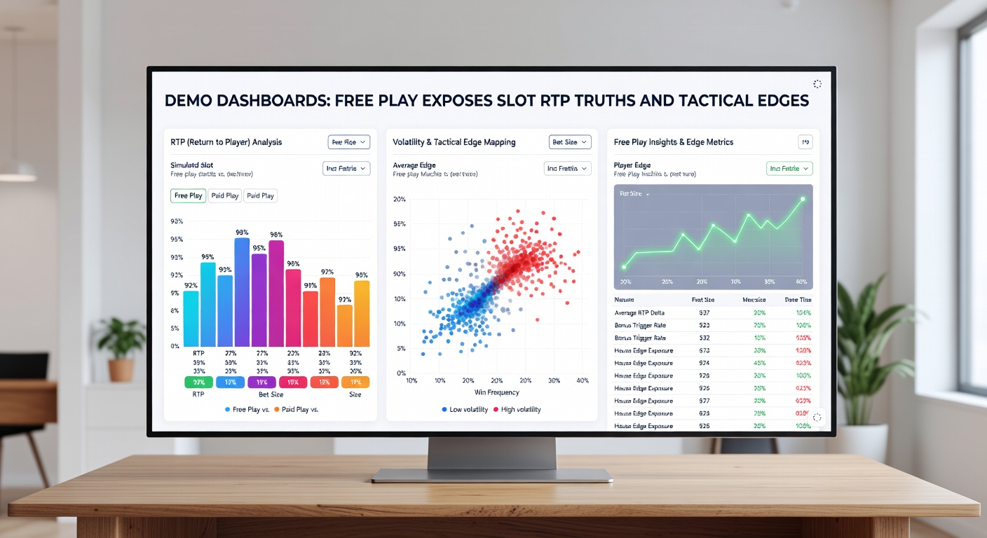 Close-up of a slot demo interface with overlaid analytics dashboard showing bonus hit rate at 1 in 150 spins, volatility index at high, and RTP trending at 95.8% after 5,000 spins