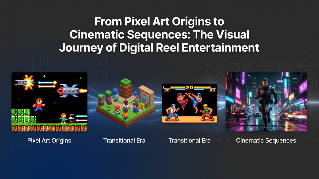 Early pixel art digital reels transitioning to modern cinematic graphics in entertainment software