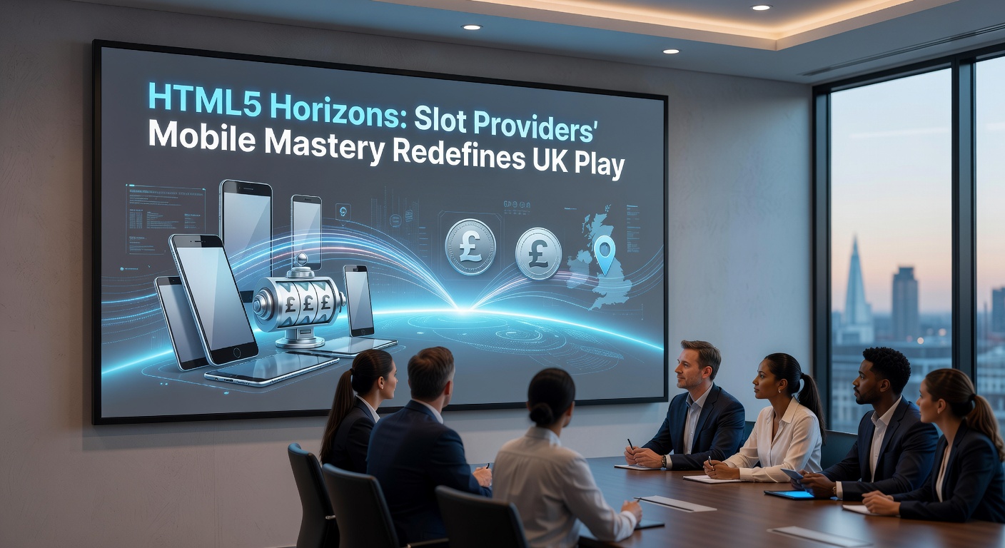 Developers coding HTML5 slot games on laptops, surrounded by multiple screens displaying mobile previews, code snippets, and performance metrics for cross-device testing