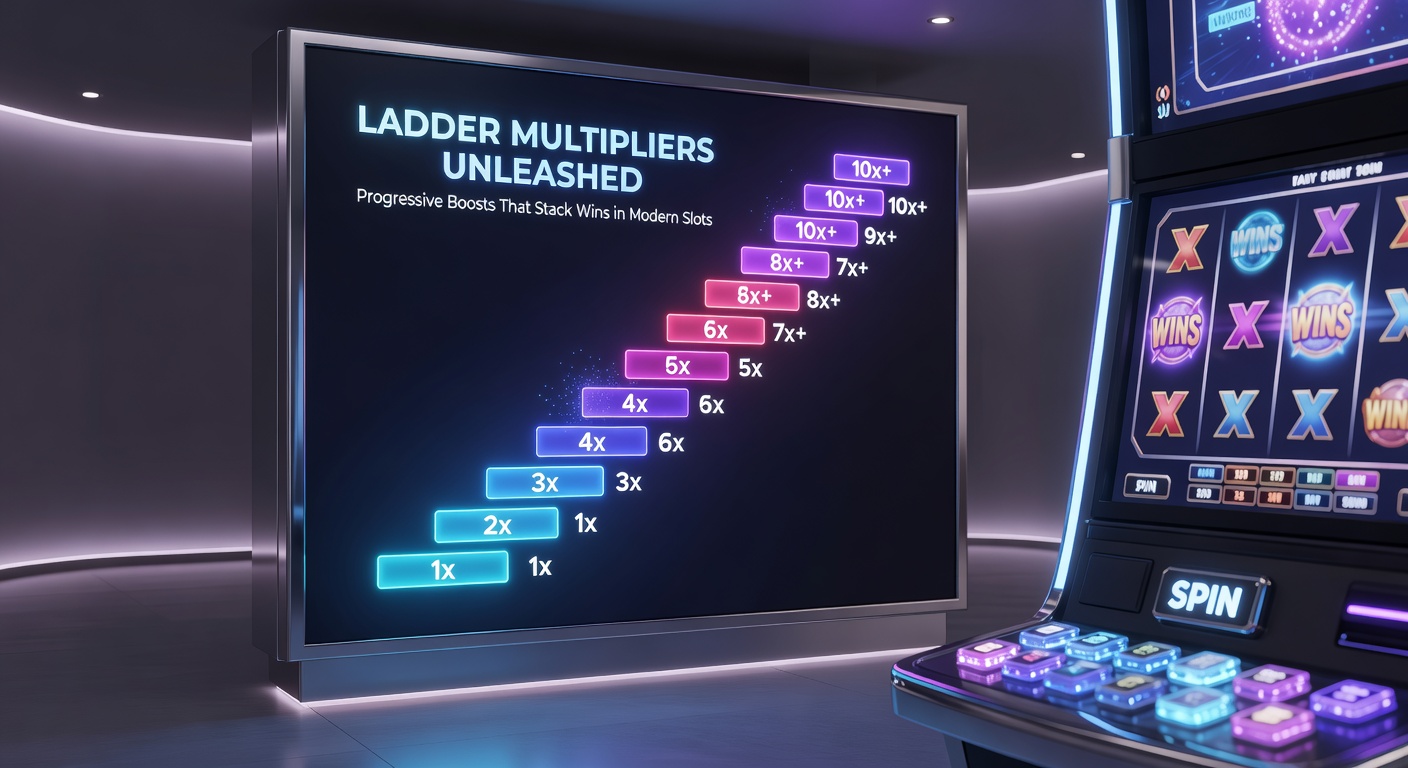 Dynamic close-up of a slot ladder's glowing rungs activating, with multiplier badges escalating from 2x to 50x amid exploding win animations