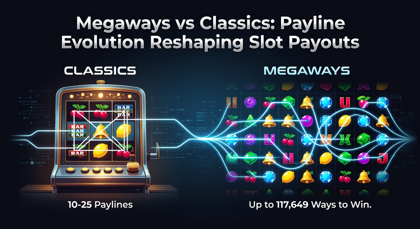Side-by-side view of a classic three-reel slot machine next to a dynamic Megaways slot screen showing thousands of ways to win
