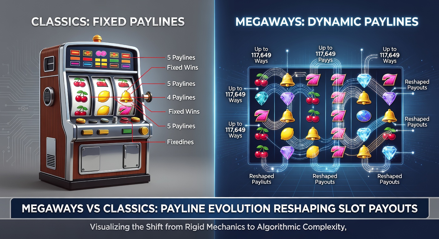 Dynamic Megaways slot interface displaying variable reel sizes and 117,649 ways counter next to a static classic slot paytable
