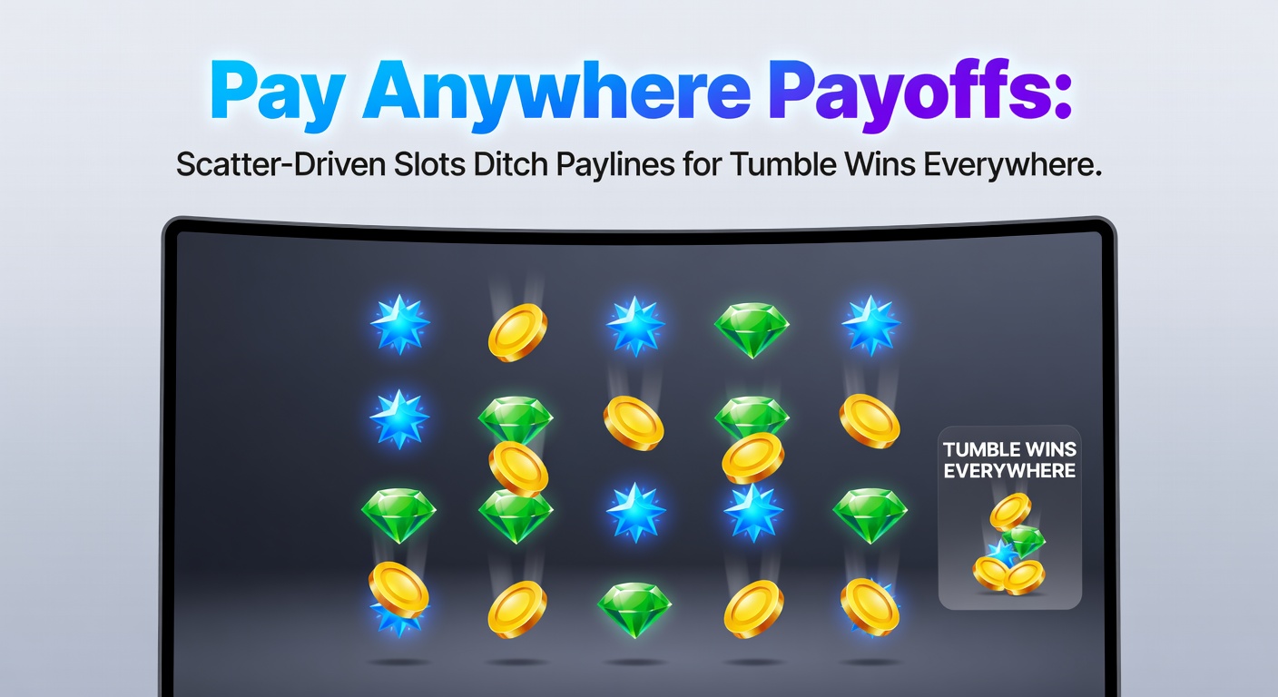 Vibrant slot screen showing scatter symbols triggering wins across the grid without traditional paylines, with tumbling reels in action