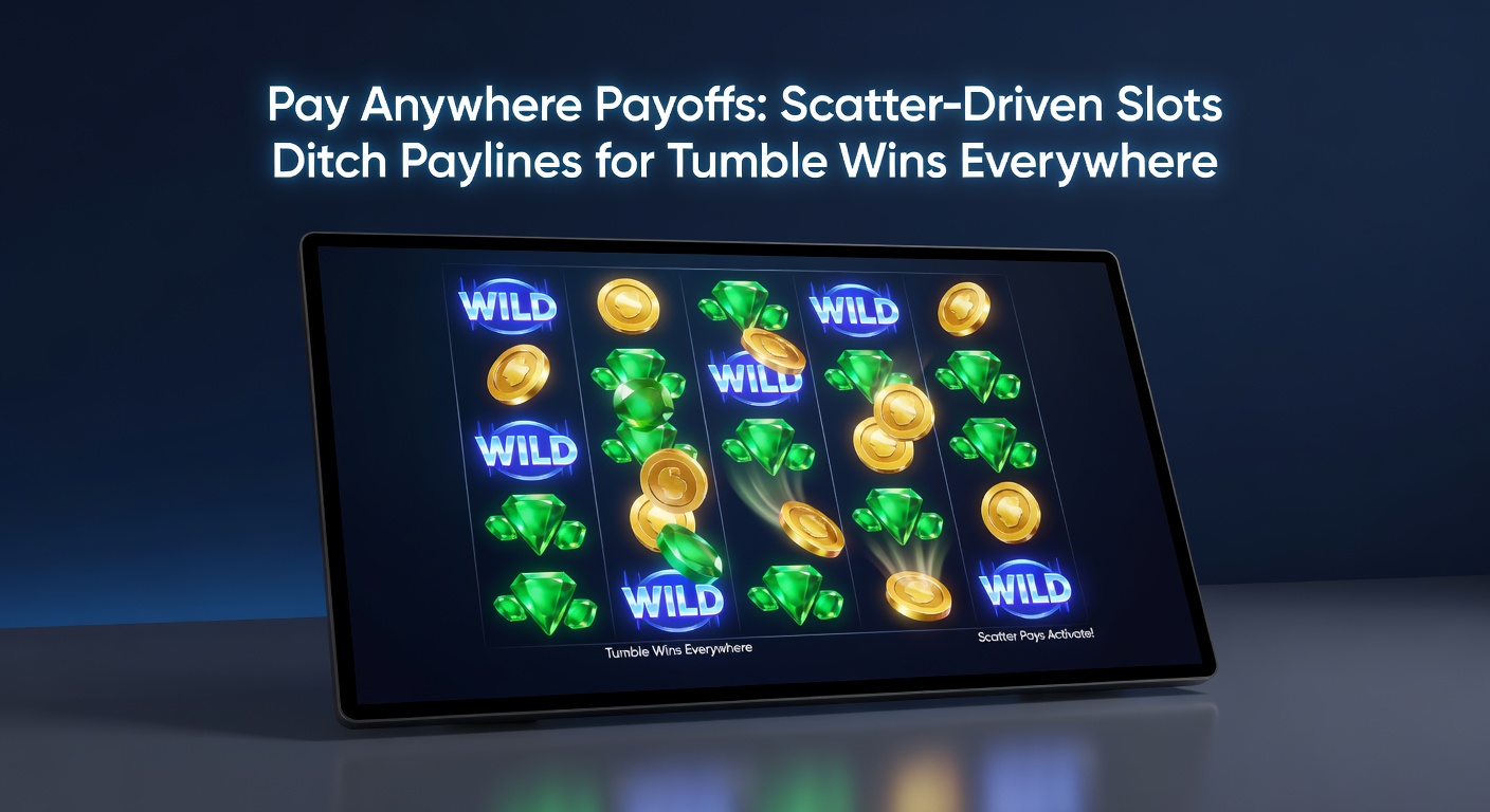Close-up of a pay anywhere slot interface during a massive tumble sequence, scatters glowing and multipliers stacking for a huge win