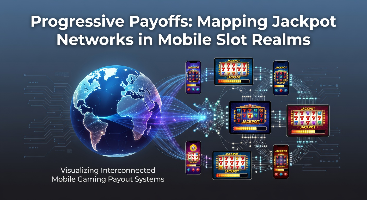 Dynamic visualization of interconnected progressive jackpot networks powering mobile slot games, showing jackpot pools growing across devices and platforms