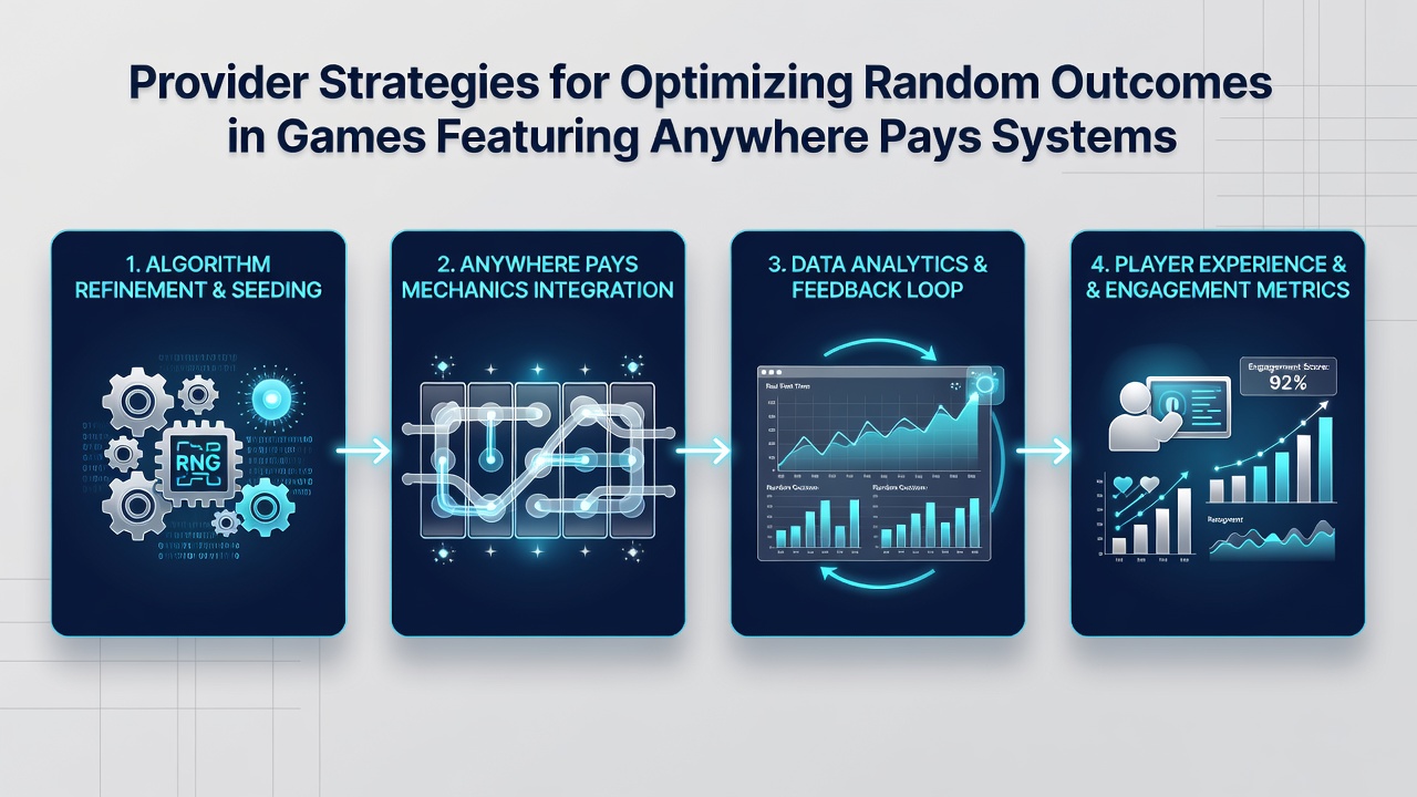 Developers reviewing probability models and RNG test results on multiple screens in a gaming studio