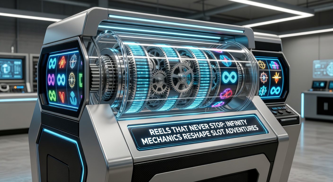 Dynamic slot reels expanding infinitely during a high-stakes spin, showcasing cascading symbols and growing win potential