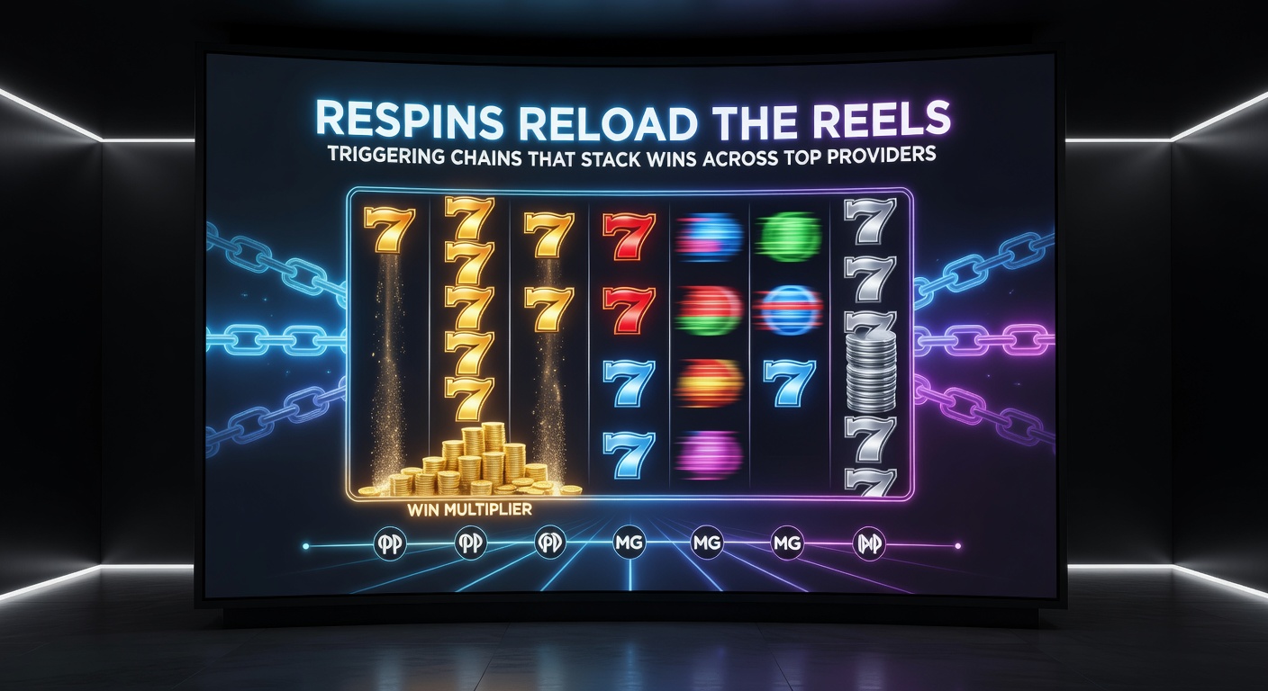 Animated slot screen showing a multi-respin chain with escalating multipliers and cascading symbol stacks