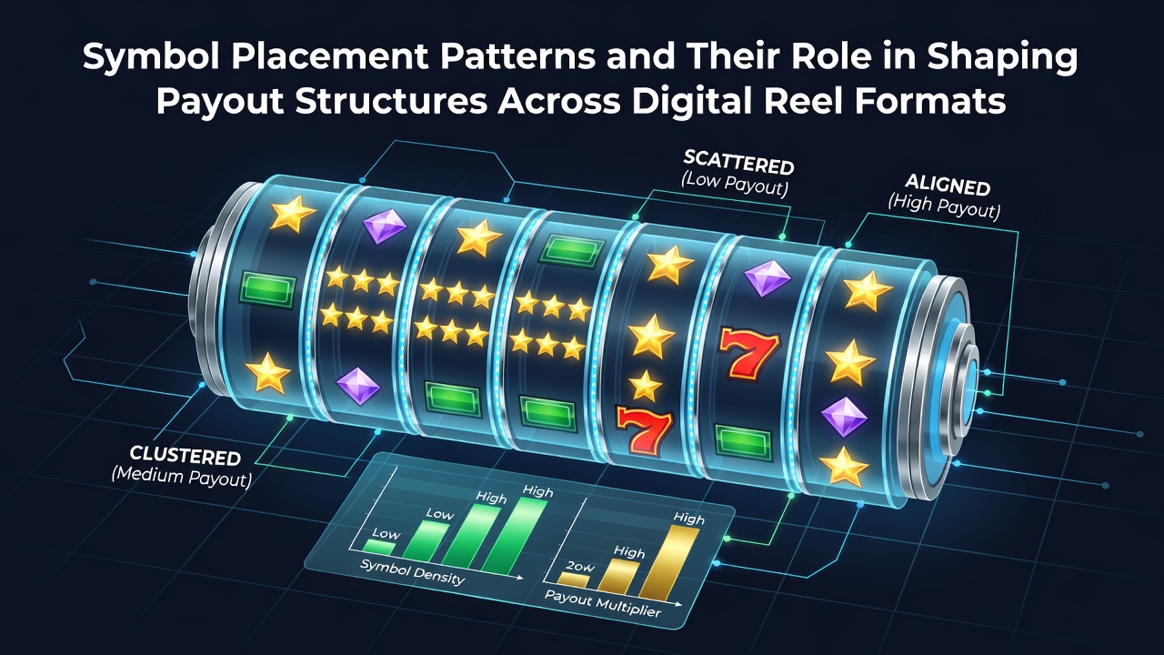 Digital reel layouts showing varied symbol positions across classic and modern slot formats
