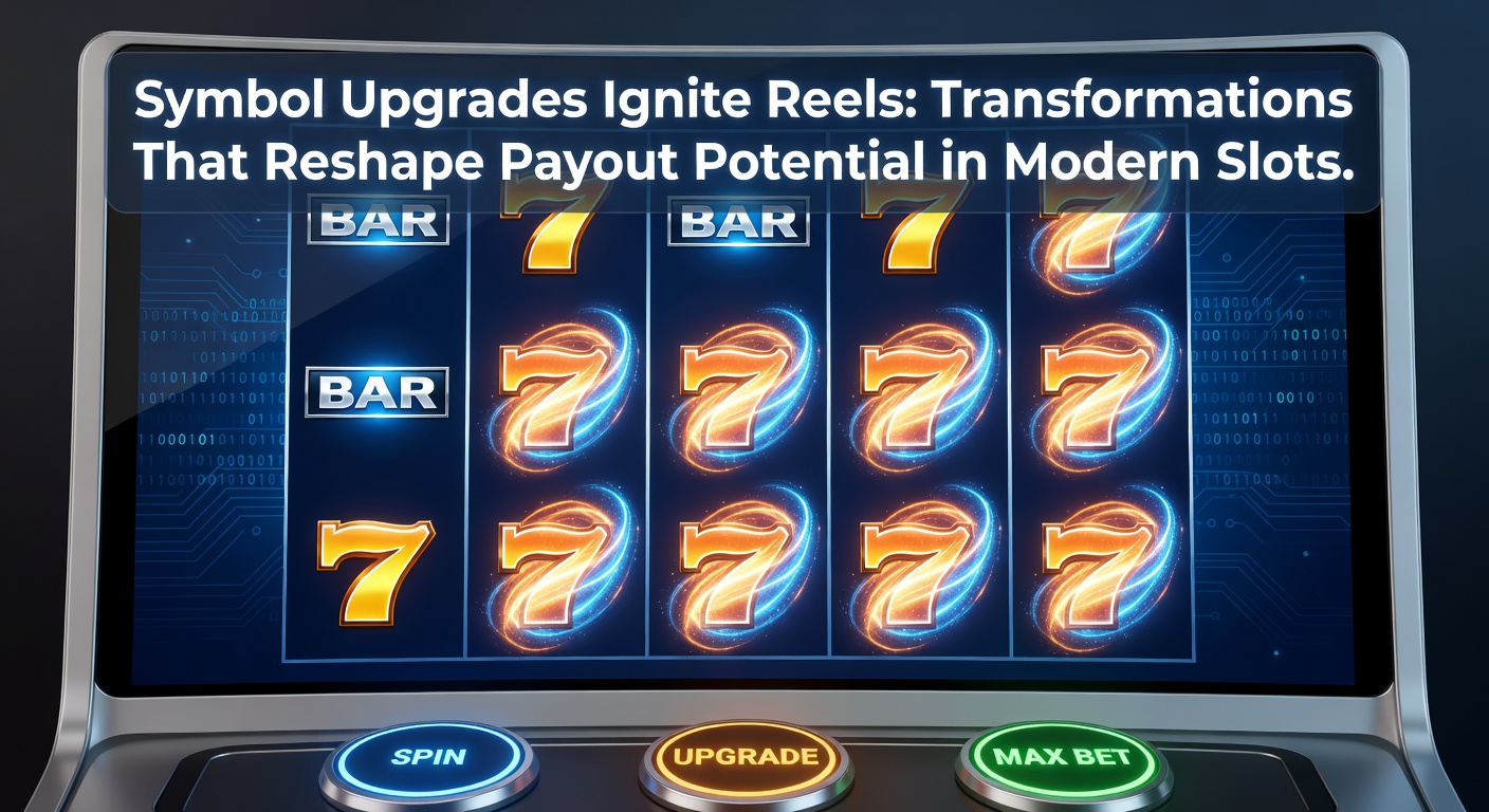 Dynamic slot screen mid-upgrade, with low symbols exploding into golden high-payers across multiple reels, multipliers stacking for a massive win buildup
