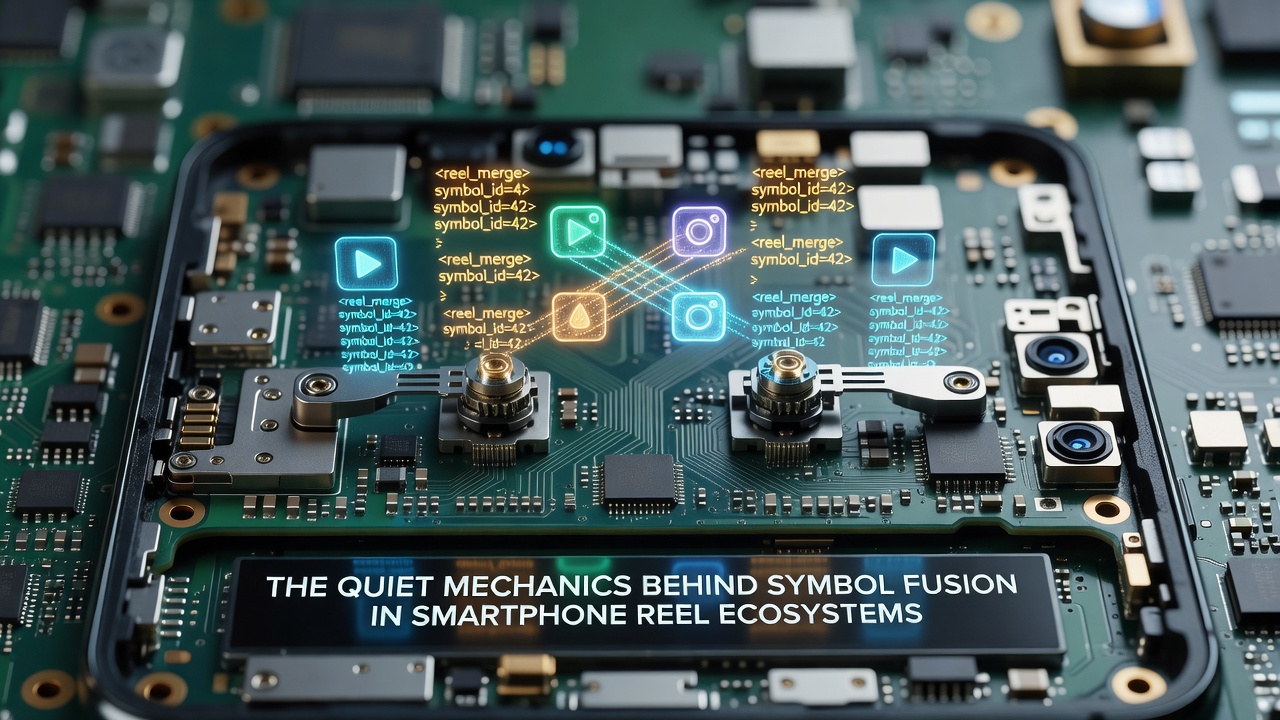 Technical diagram overlay on smartphone showing backend data flow for symbol fusion mechanics in reel-based games