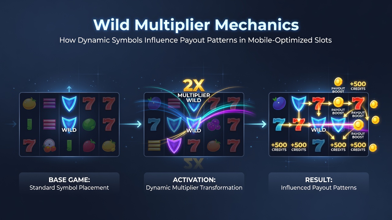 Mobile slot interface displaying multiplier values overlaid on wild symbols after a winning spin